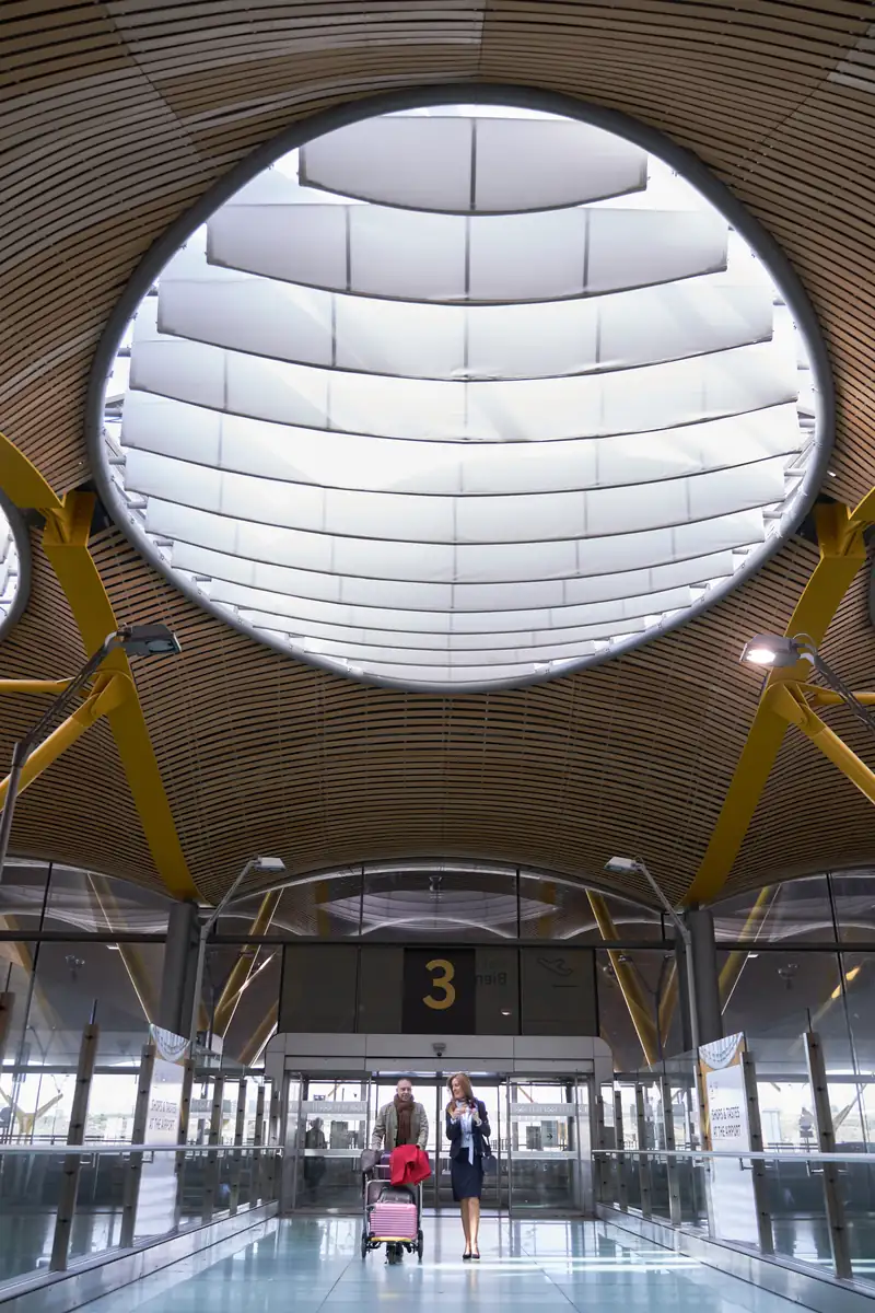 Two travelers with their luggage in a terminal