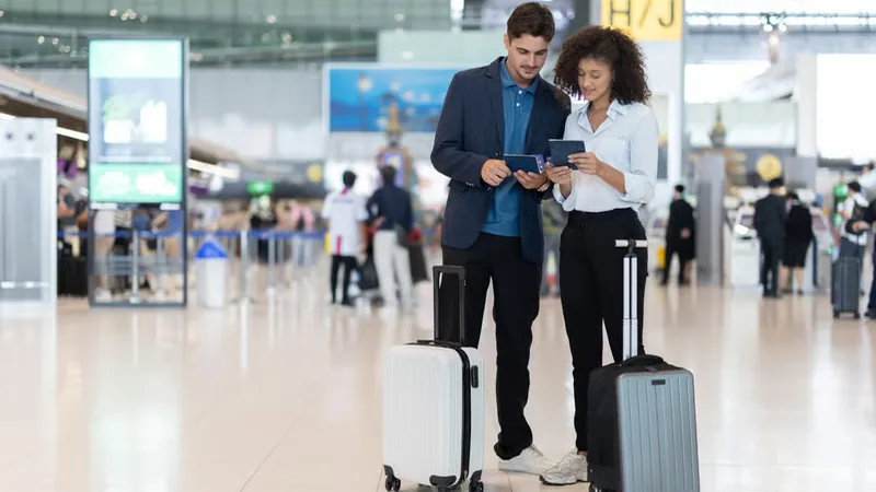 Couple checking their travel tickets at the airport