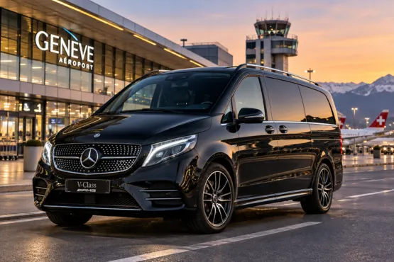 Van Mercedes gris devant aéroport de Genève.