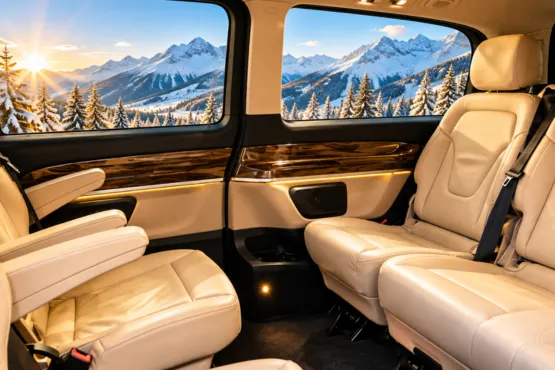 Fauteuils clairs dans l’espace passagers d’un van mercedes.